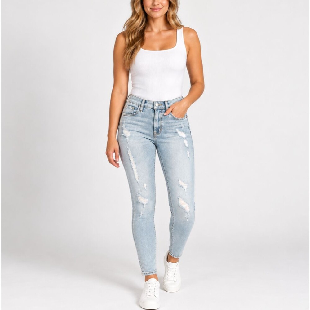 Seven7 TummylLess High Rise Skinny Jeans Women's Light Blue Distressed Sz 4 NWT
